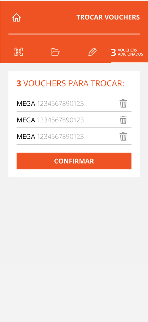 Bertrand 1732 mobile app interface showing a list of three MEGA school vouchers ready to be redeemed with a confirm button