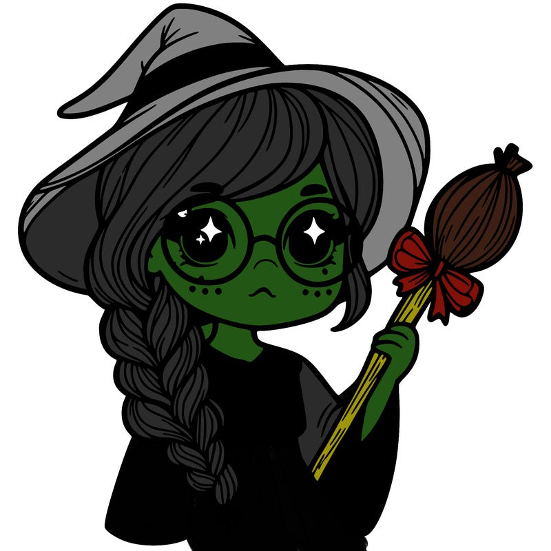 a witch with a braid and two glasses