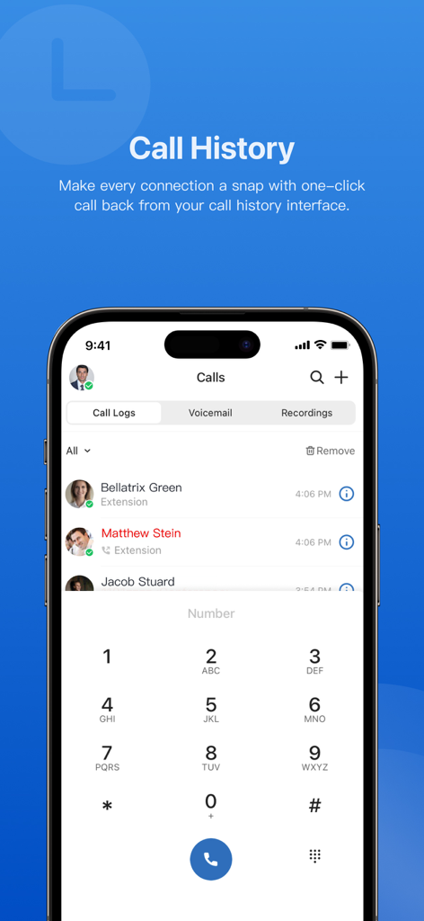 Yeastar Linkus Mobile Client - Yeastar Linkus call history interface with dialer pad