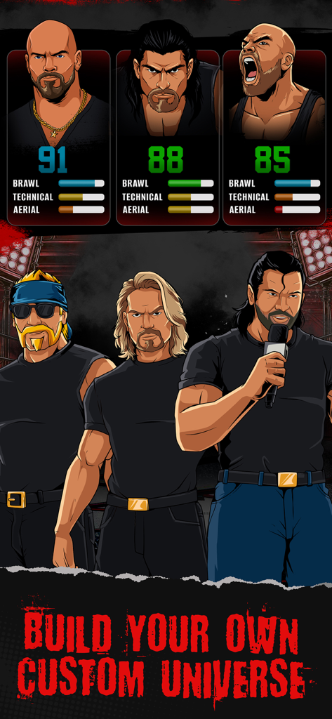 Wrestling GM - Cartoon wrestlers and stats in the Wrestling GM app with the text build your own custom universe