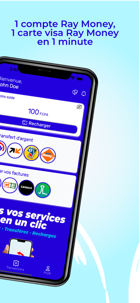 Ray Money - Ray Moneyモバイルアプリのホーム画面、アカウント残高と財務サービスを表示