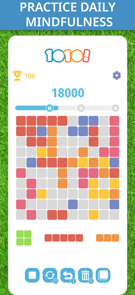 1010! Block Puzzle Game - A screenshot of the 1010! Block Puzzle Game showing a grid of colorful blocks with a banner reading Practice Daily Mindfulness.