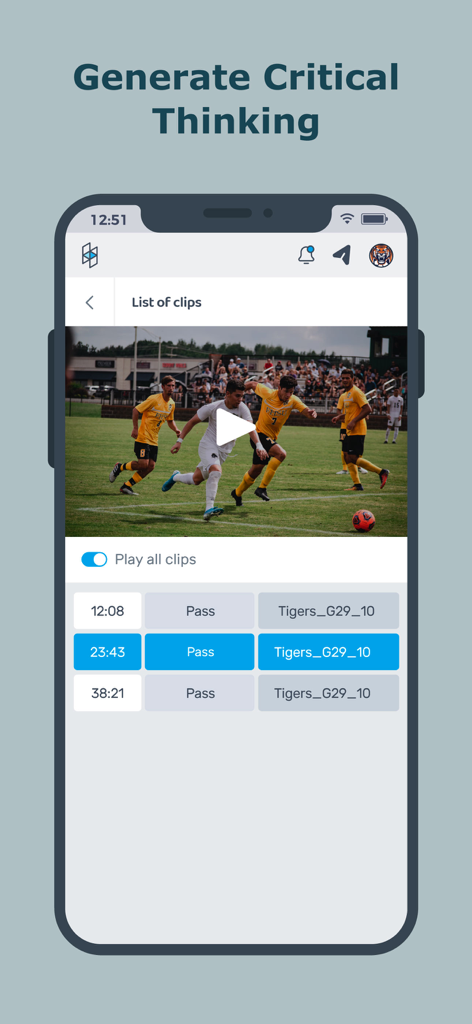 Nacsport Hub - Nacsport Hub mobile app interface showing a list of tagged video clips from a soccer match for tactical review