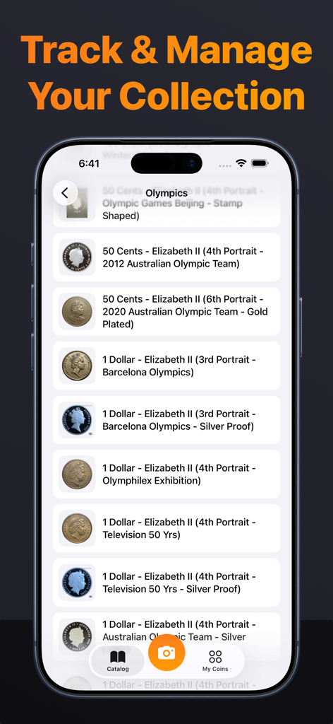 Coin Identifier AI - CoinPal - CoinPal app interface showing a detailed list of cataloged coins in a user collection.