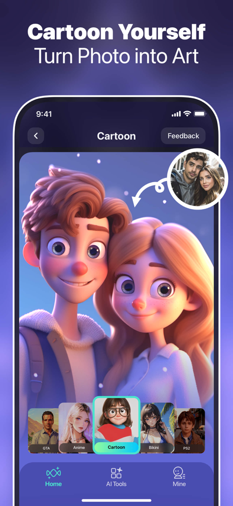 Interface of an AI app turning a photo of a couple into a 3D cartoon.