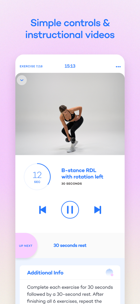 A woman performing a B-stance RDL with a dumbbell on the Alive by Whitney Simmons workout interface with playback controls and a timer.