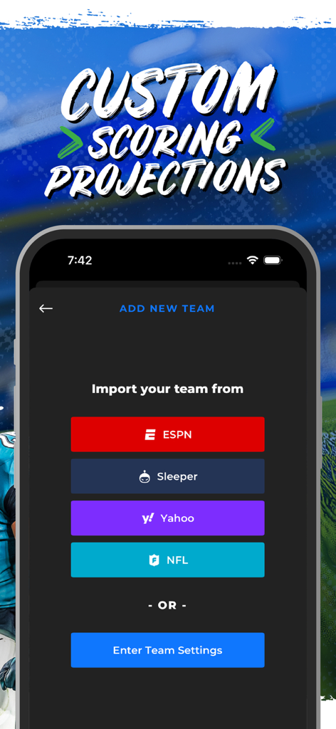 Interface showing options to import fantasy football league settings from ESPN Sleeper Yahoo and NFL into the UDK app