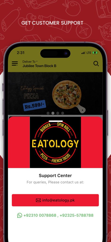 Eatology app customer support center screen showing contact email and WhatsApp numbers