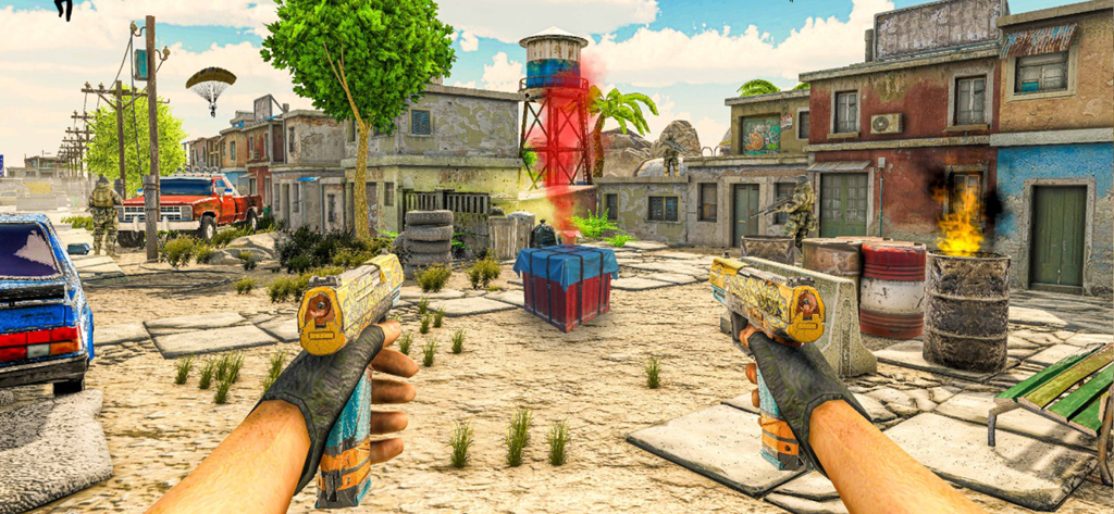 Call of Sniper -Delta Ops 2025 - First person shooter gameplay showing dual golden pistols in an urban combat zone