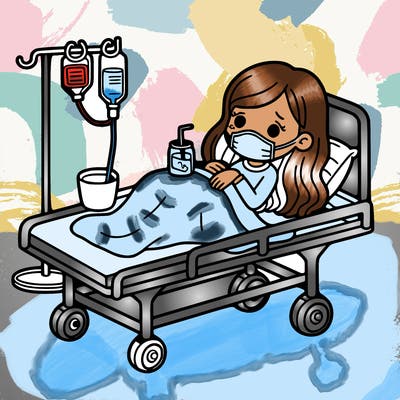 sick girl in strecher