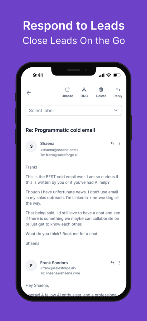 Salesforge - Salesforge mobile app interface showing a sales representative responding to a lead email on an iPhone