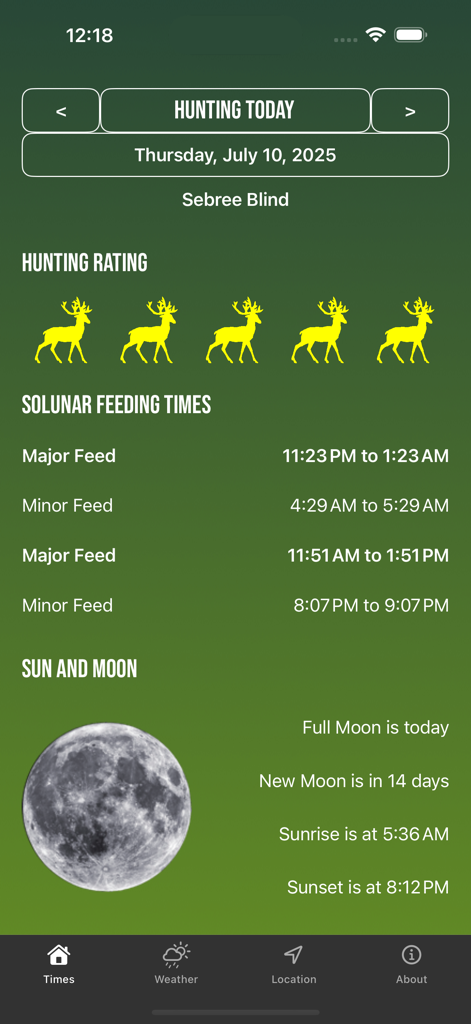 Solunar Best Hunting Times - Solunar hunting app interface with feeding times moon phase and hunting rating