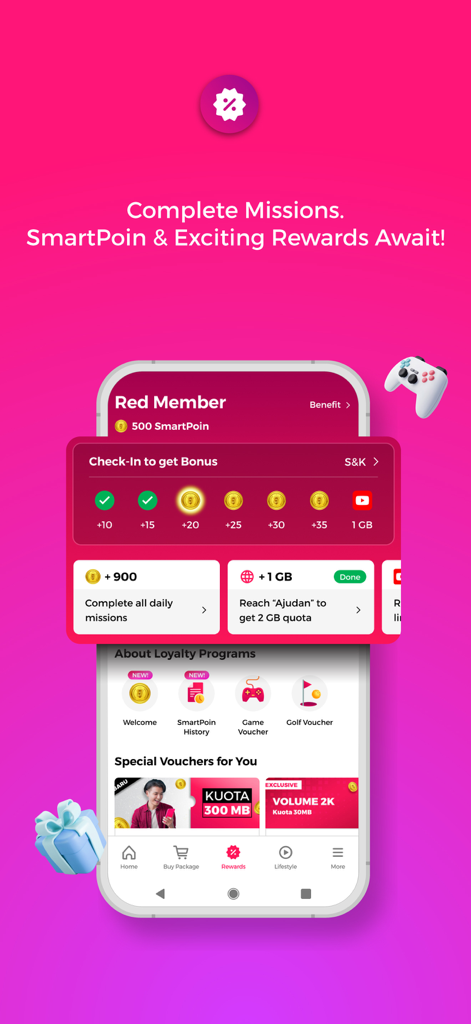 MySmartfren app interface displaying rewards, loyalty points, and daily missions.