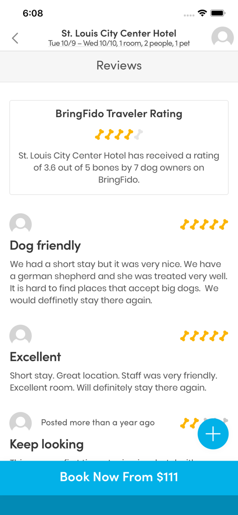 A screen from the BringFido app showing dog owner reviews and bone ratings for a pet friendly hotel
