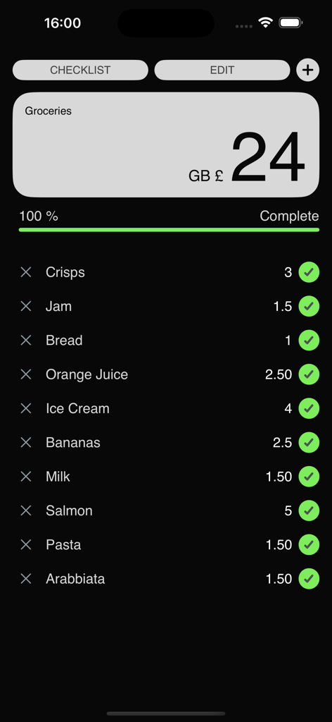 Uma lista de compras concluída mostrando itens e preços no aplicativo Checklist Pro