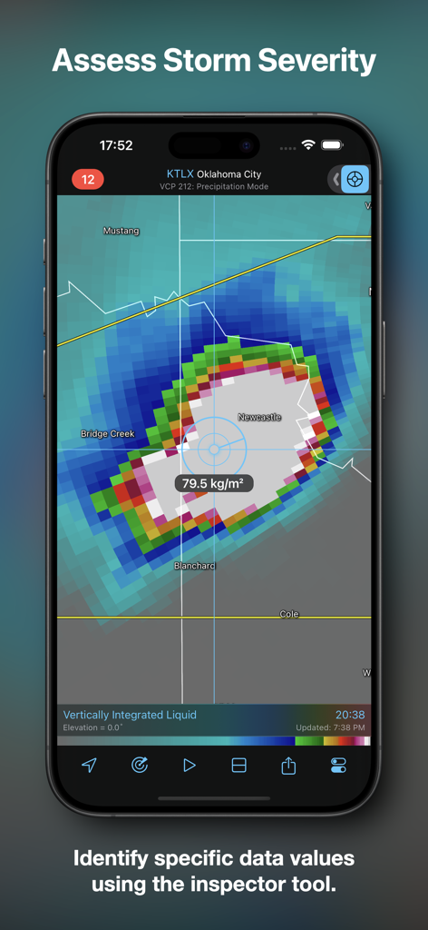 RadarScope app interface showing storm severity assessment using the inspector tool.