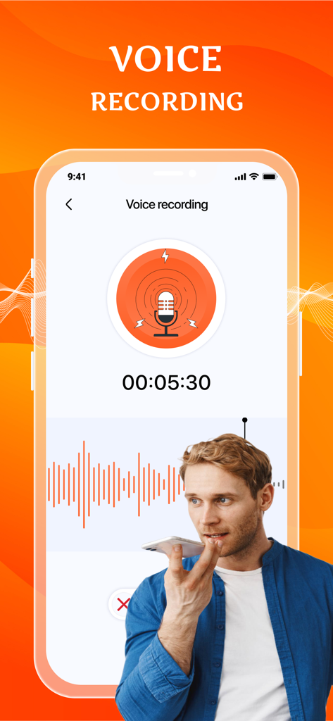 Screen Recorder for iPhone HD - Ein Mann nimmt Audio mit der Sprachaufzeichnungsfunktion auf, mit Wellenformanzeige in der App Screen Recorder for iPhone HD