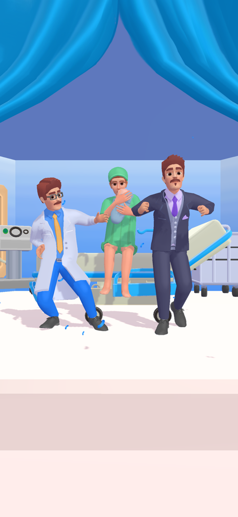 Good Mom Bad Mom Run Games - A woman holding a baby in a hospital room with a doctor and a man in a suit dancing