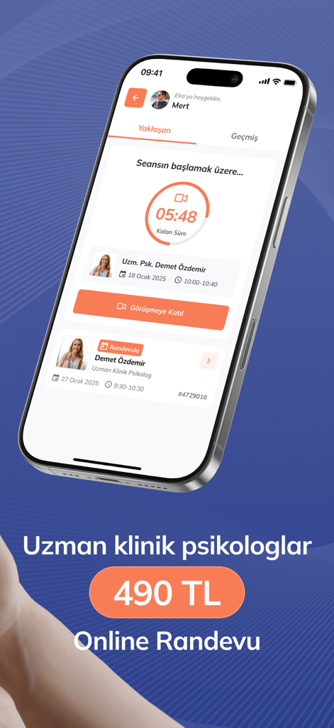 Elra: Sağlık Olsun - Captura de pantalla de la aplicación Elra que muestra una cuenta regresiva para una sesión de terapia en línea con un psicólogo clínico e información de precios