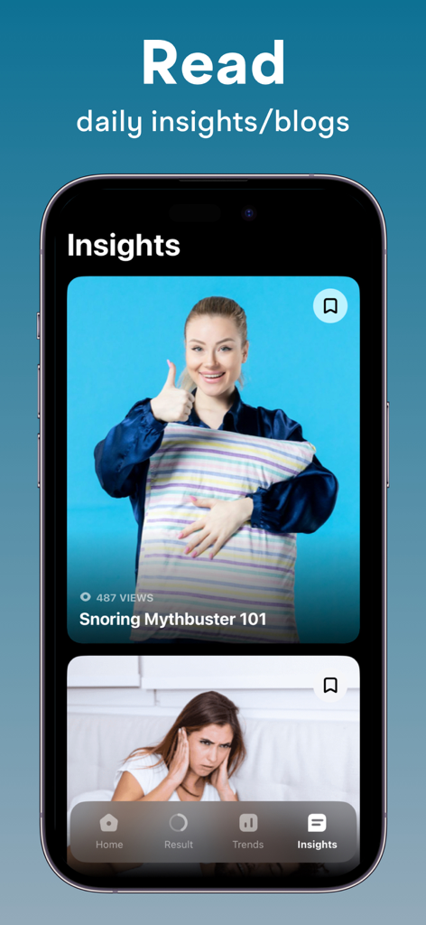 Snore Tracker : Record Snoring - iPhone screen displaying the Insights section of the Snore Tracker app with blog posts about snoring and sleep health.