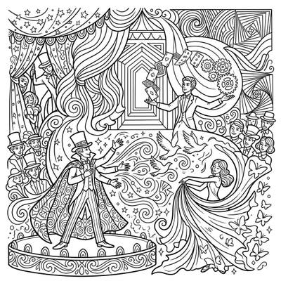 Dive into the magical world of illusionists with this captivating full scene coloring page. Featuring a grand spectacle of magic and wonder, it promises hours of intricate and enchanting artistic fun.