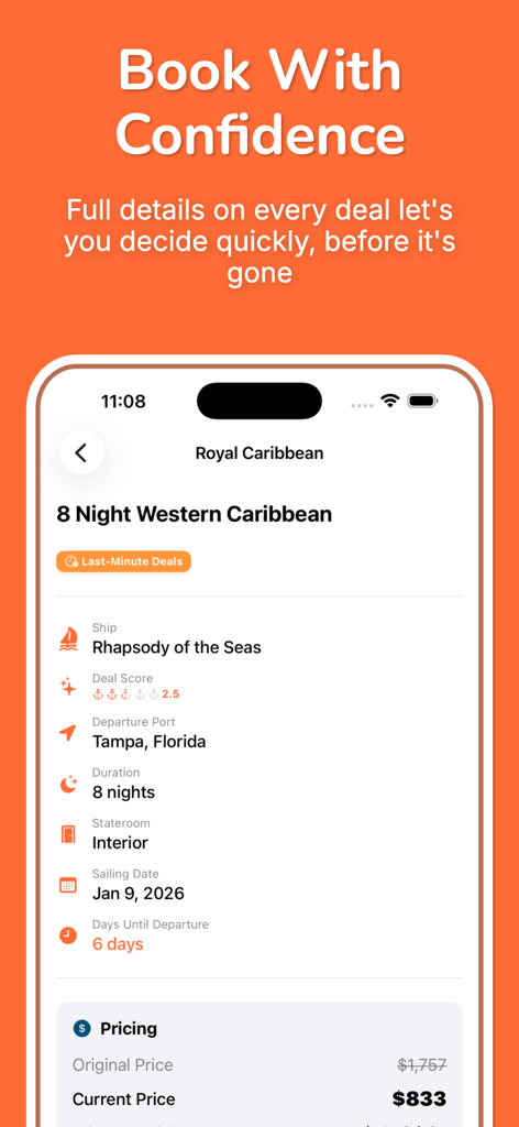 Kelly's Cheap Cruise Deals - Detailed Royal Caribbean cruise deal screen showing a significant price drop for an 8-night Western Caribbean sailing