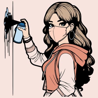 realistic girl with mask spray painting a wall