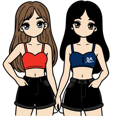 two sisters with crop tops and jean shorts and straight hair