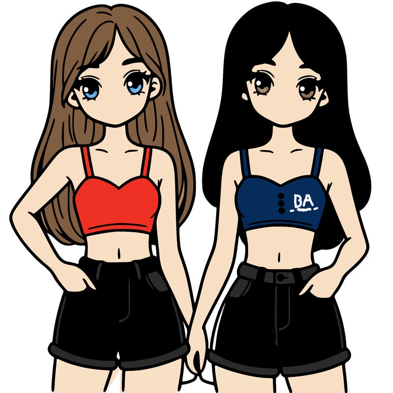 two sisters with crop tops and jean shorts and straight hair