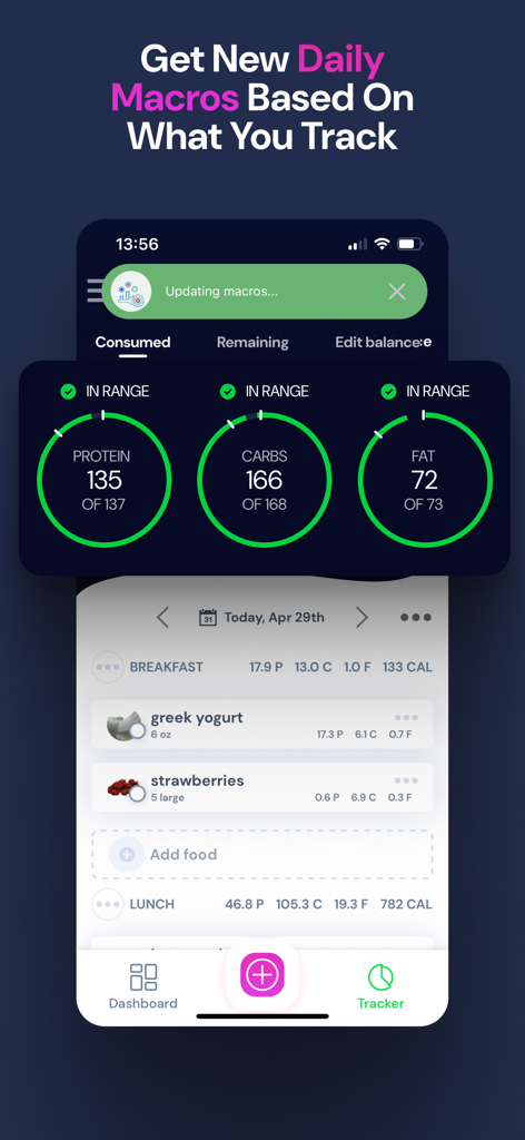 Avatar Nutrition app interface displaying daily macro progress for protein carbs and fats with a detailed breakfast food log