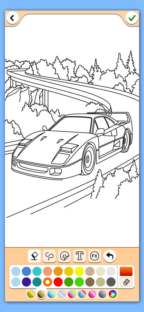 Cars coloring book game - Un dibujo lineal en blanco y negro de un coche deportivo en una carretera con una paleta de pintura digital y herramientas para colorear.