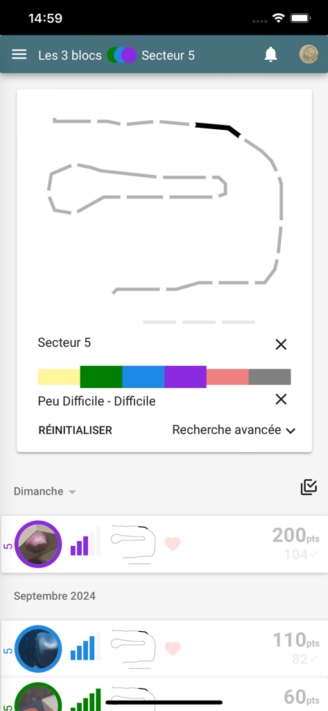 SocialBoulder - Écran de l'application SocialBoulder montrant une carte de salle d'escalade avec des filtres de difficulté et une liste de voies