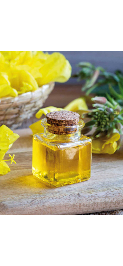 Una pequeña botella de vidrio con aceite esencial amarillo y un tapón de corcho junto a flores amarillas