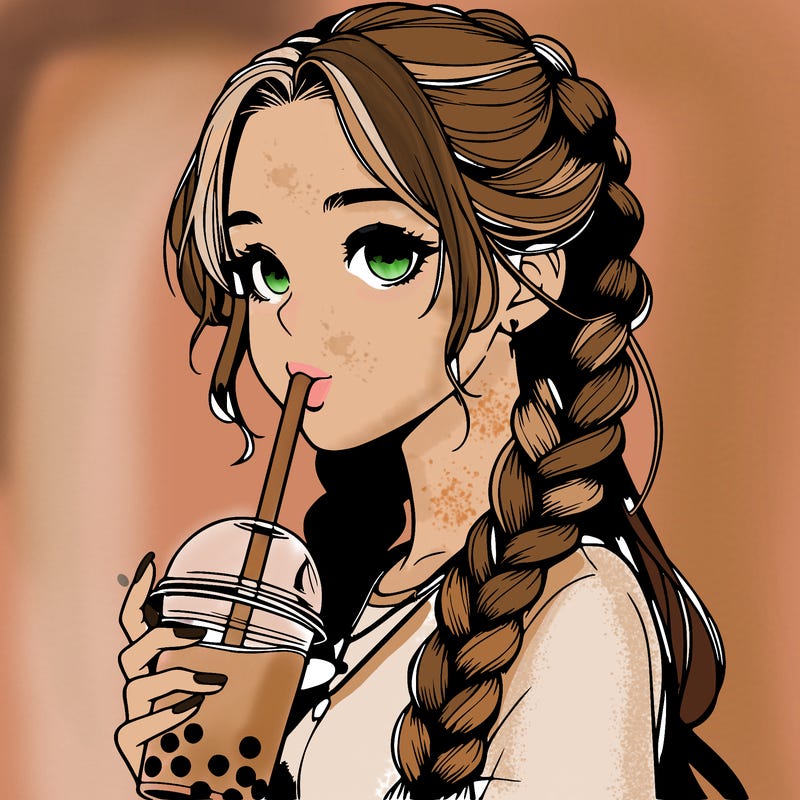 realistic girl with braided hair drinking boba