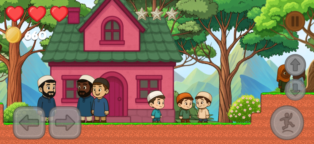 Hamza's Journey - A 2D platformer scene from Hamza's Journey featuring characters in front of a pink house in a forest village.
