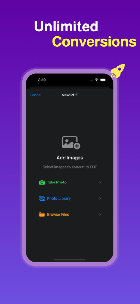 Interface do aplicativo móvel mostrando opções para adicionar imagens da câmera ou da biblioteca para conversões ilimitadas de PDF