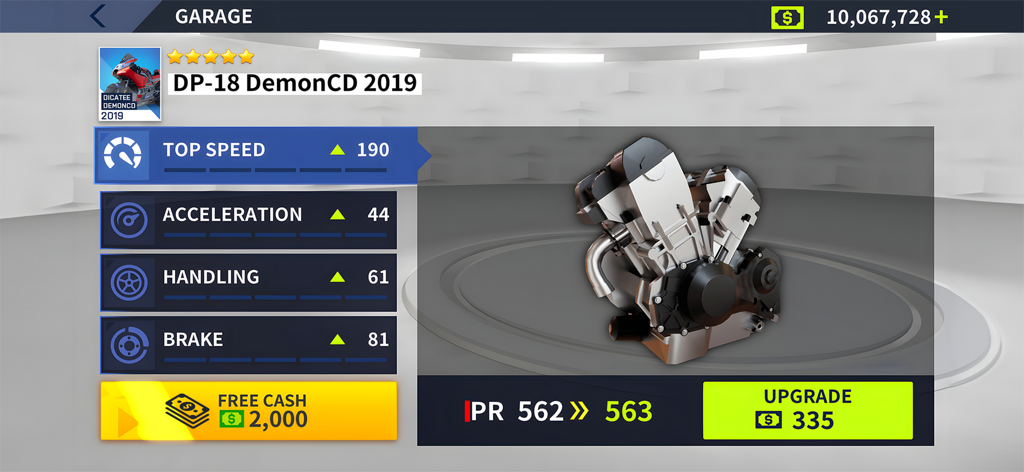 Menu de garage dans Moto Rider montrant les améliorations du moteur de moto et les statistiques de performance.