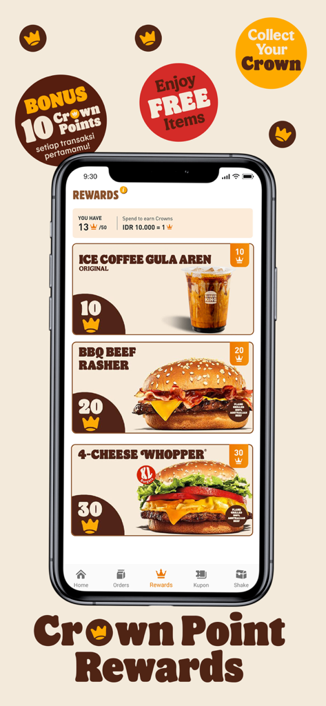 Burger King Indonesia app rewards screen showing loyalty crown points and redeemable food items
