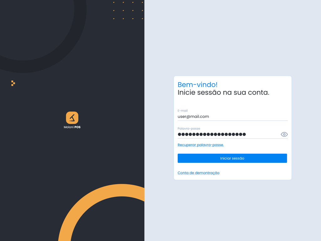 Moloni POS - Login screen for the Moloni POS app on an iPad showing a welcome message and sign in fields.