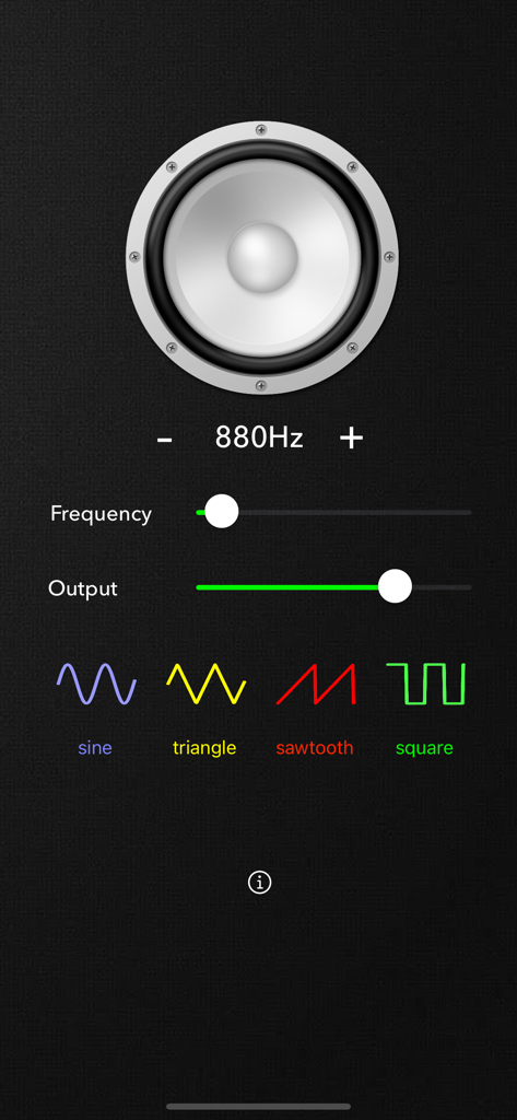 Tone Generator Professional App-Oberfläche, die die Frequenzregelung bei 880Hz mit Sinus-, Dreieck-, Sägezahn- und Rechteckwellenformen anzeigt