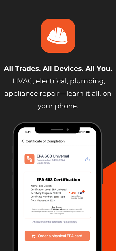 SkillCat: EPA 608, HVAC & more - SkillCat mobile app displaying a digital EPA 608 Universal certificate of completion.