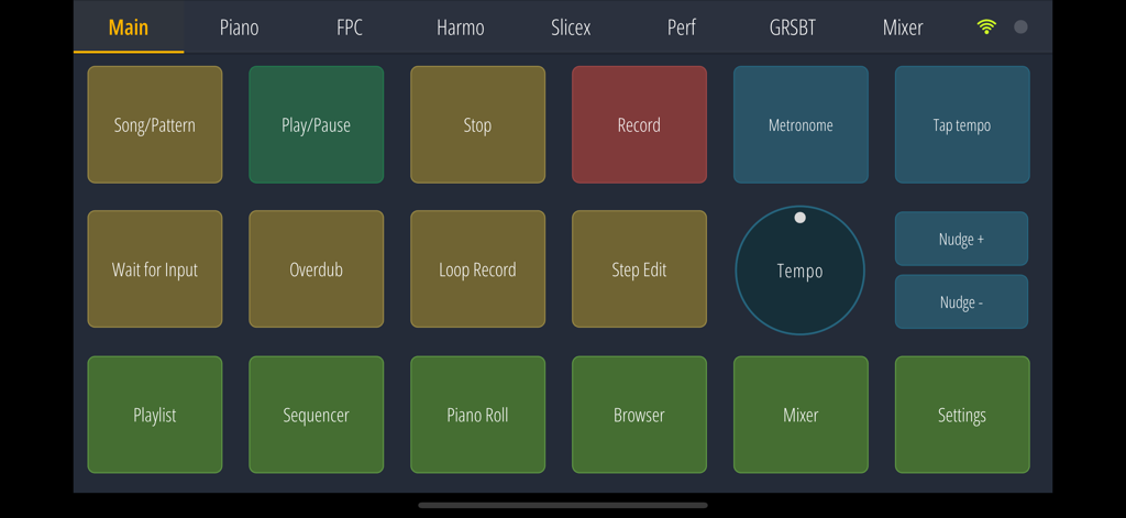 Main dashboard of the FL Studio Remote app showing playback and recording transport controls