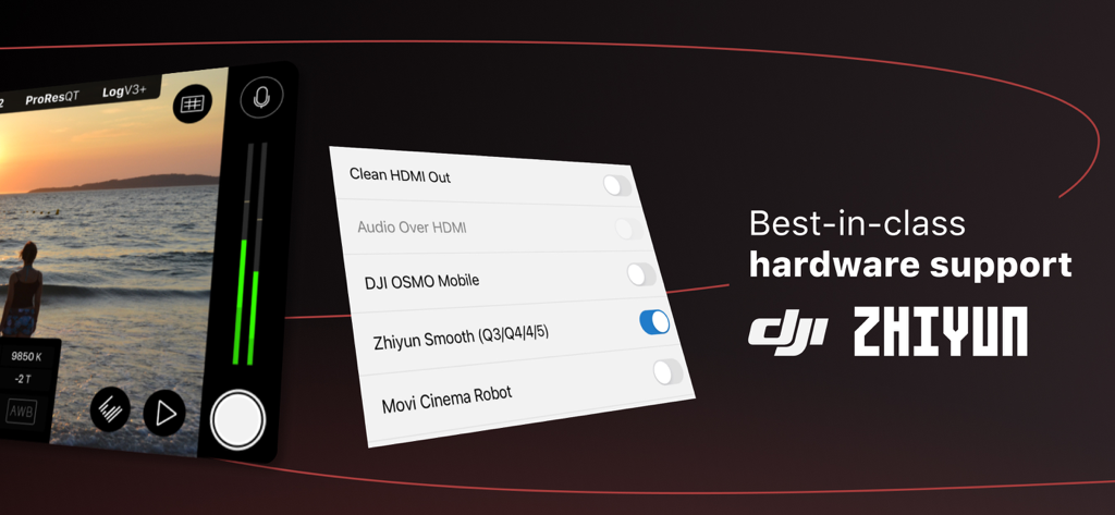 Interfaz de Filmic Pro mostrando el menú de soporte para hardware de gimbal DJI y Zhiyun