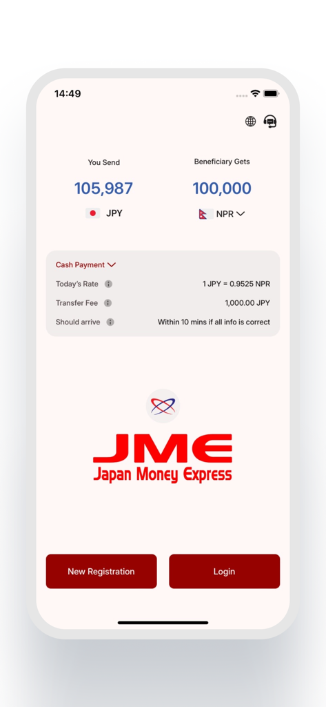 JME Remittance app screen showing Japanese Yen to Nepalese Rupee exchange rate and login options
