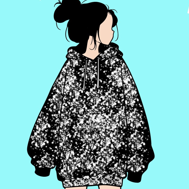 realistic girl with a oversized sweatshirt on and a bun