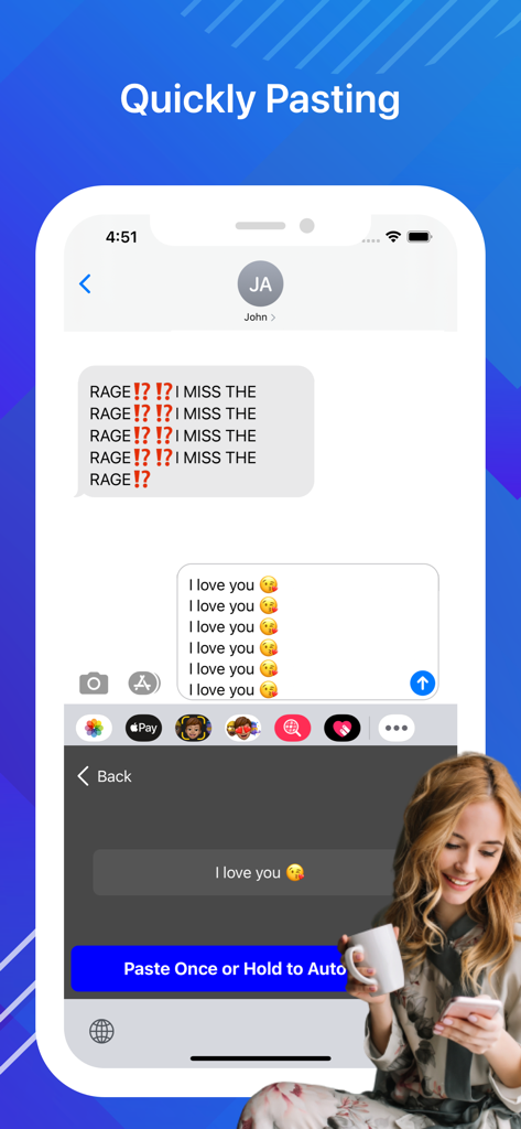 Auto Keyboard Paste Text Copy - Interface showing auto paste keyboard sending repetitive messages in a chat app