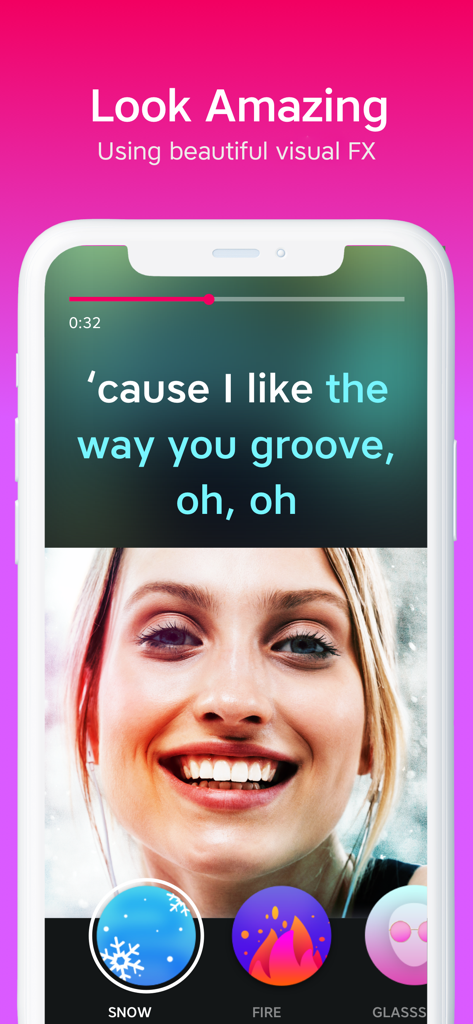 Yokee Karaoke app screen showing a woman singing with lyrics and visual effects like snow and fire