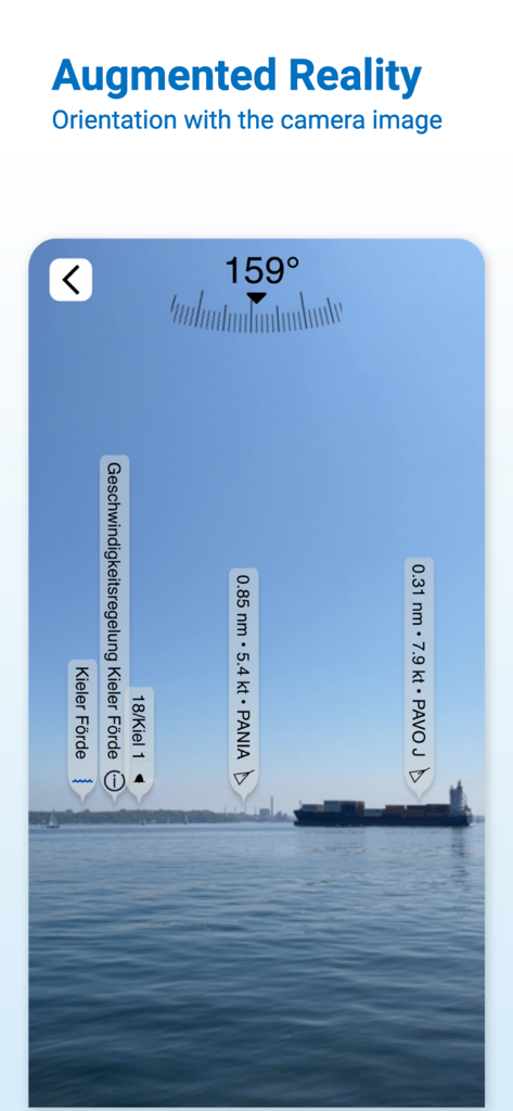 Vista de realidad aumentada en la aplicación NV Charts mostrando datos AIS de barcos y marcadores de navegación en una imagen de cámara en vivo.