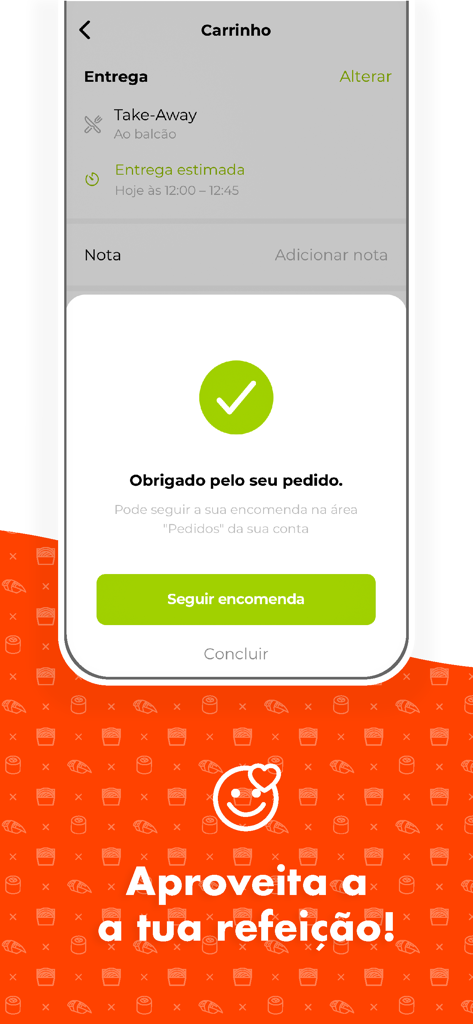 Mikado Sushi - 성공 체크 표시 및 주문 추적 버튼이 있는 미카도 스시 앱 주문 확인 화면