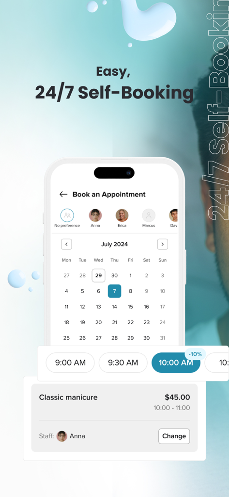 Booksy app screen for scheduling a manicure appointment with calendar and staff options